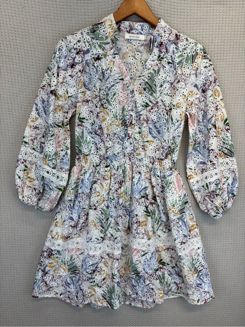 Avantlook Floral Eyelet Lace Mini Dress XS Boho Cottagecore Long Sleeve Dress